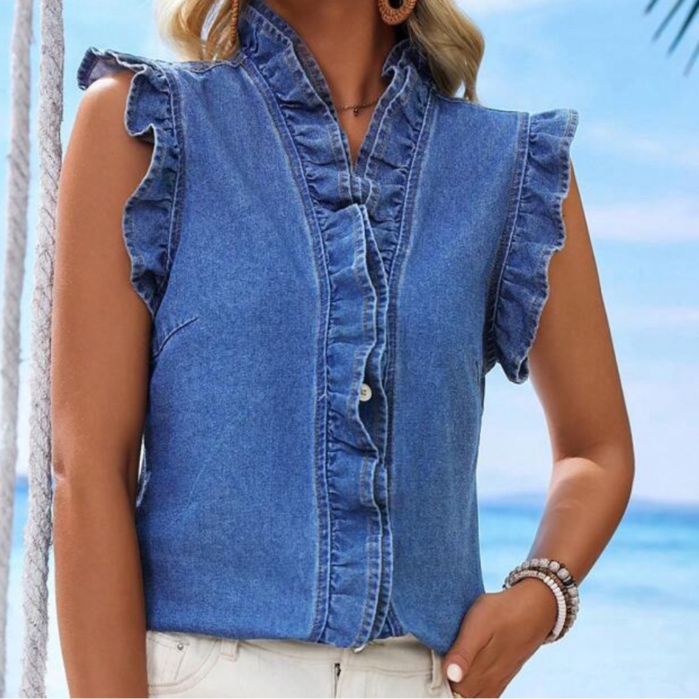 New denim sleeveless button down top - Picture 2 of 7